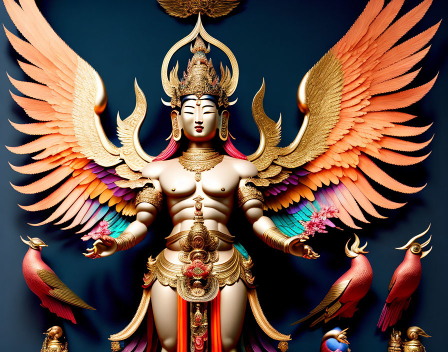 Golden multi-armed deity statue with wings and jewelry on dark blue background
