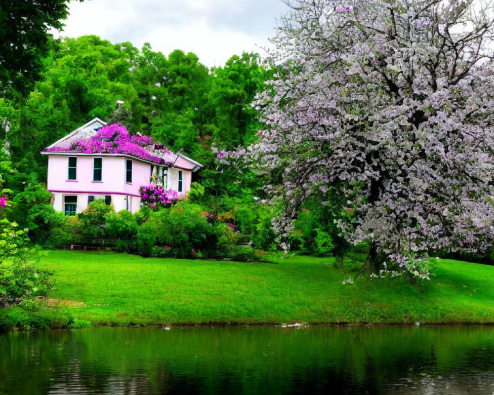 Pink house surrounded by greenery, flowers, and river