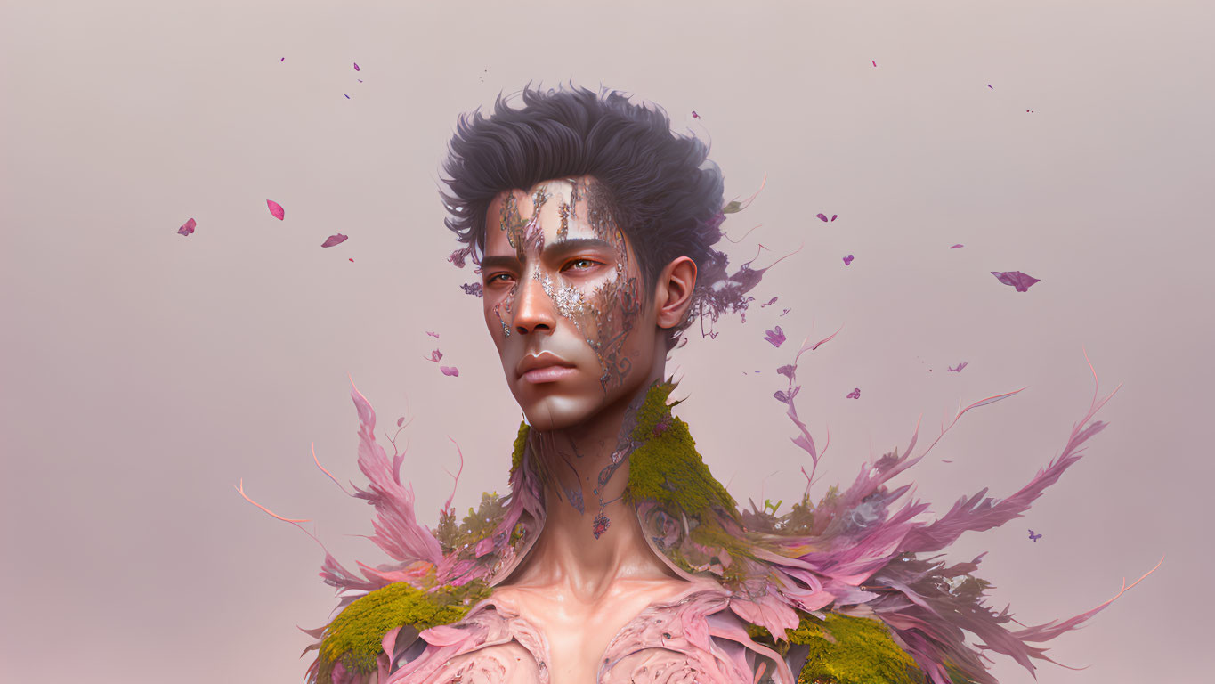 Fantasy-inspired digital artwork with pink and green natural elements.
