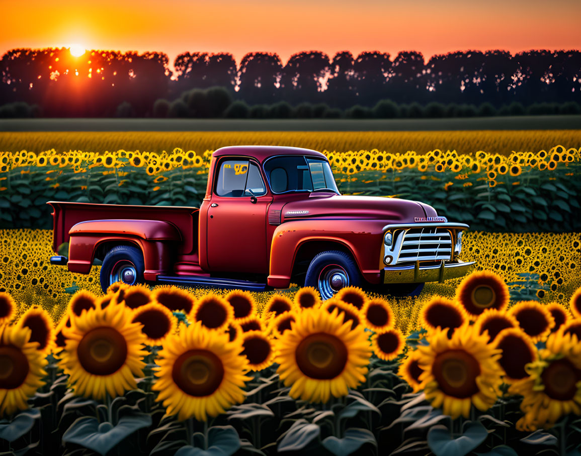 Red old truck, in a sunflower field at sunrise