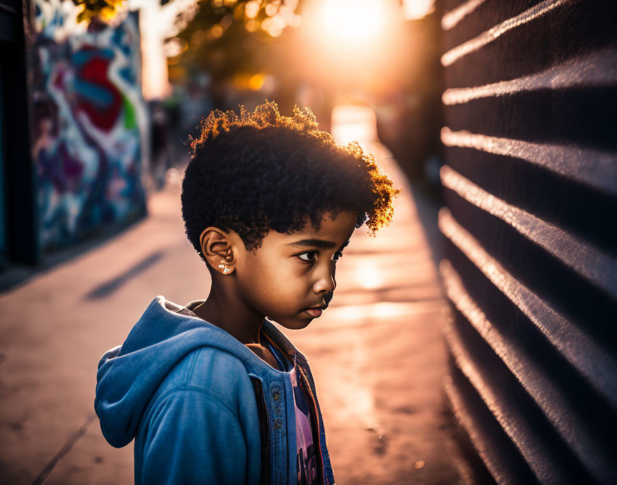 Small Boy on a Street Corner at sunrise