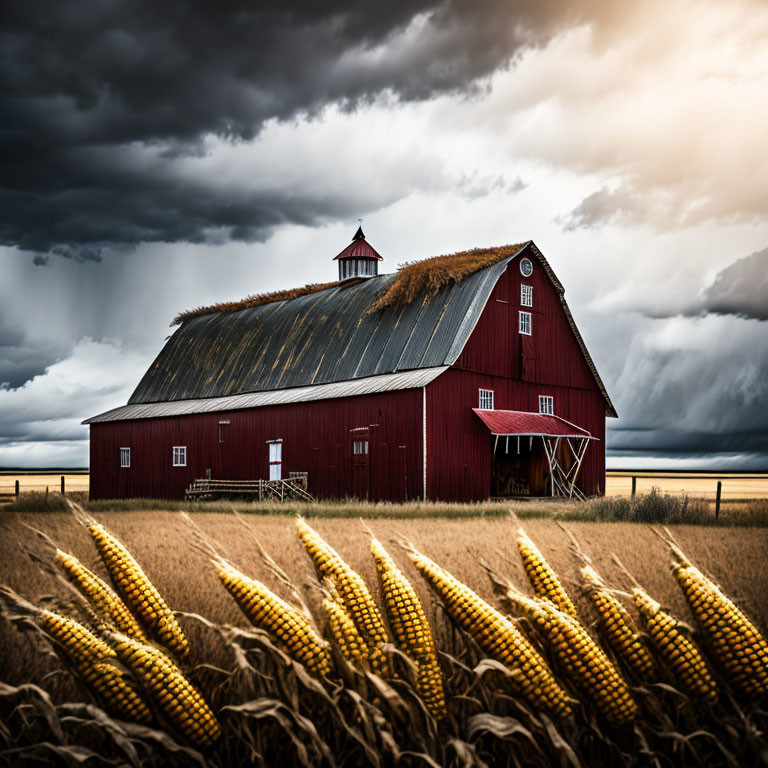 Red barn in a storm