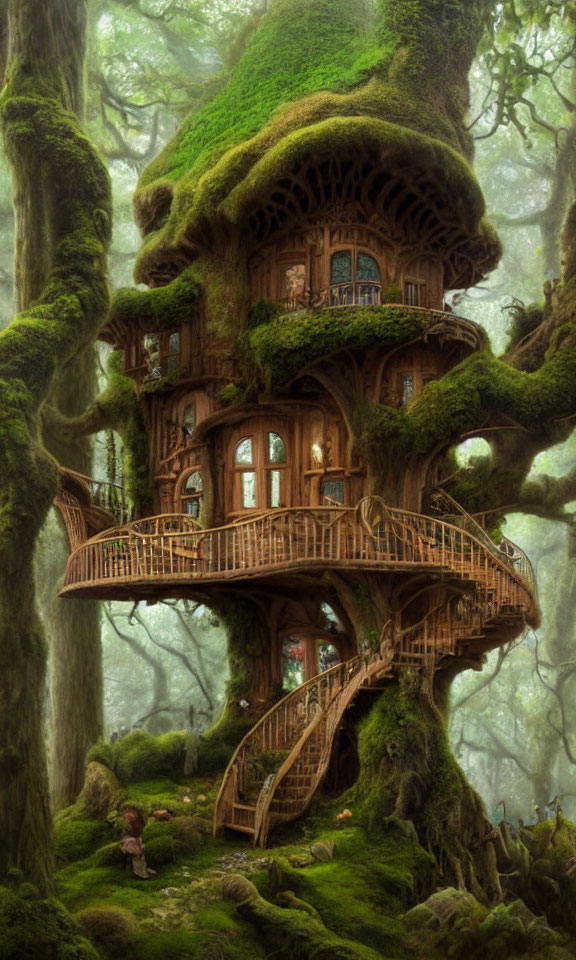 Multi-level treehouse with winding staircases in enchanted forest