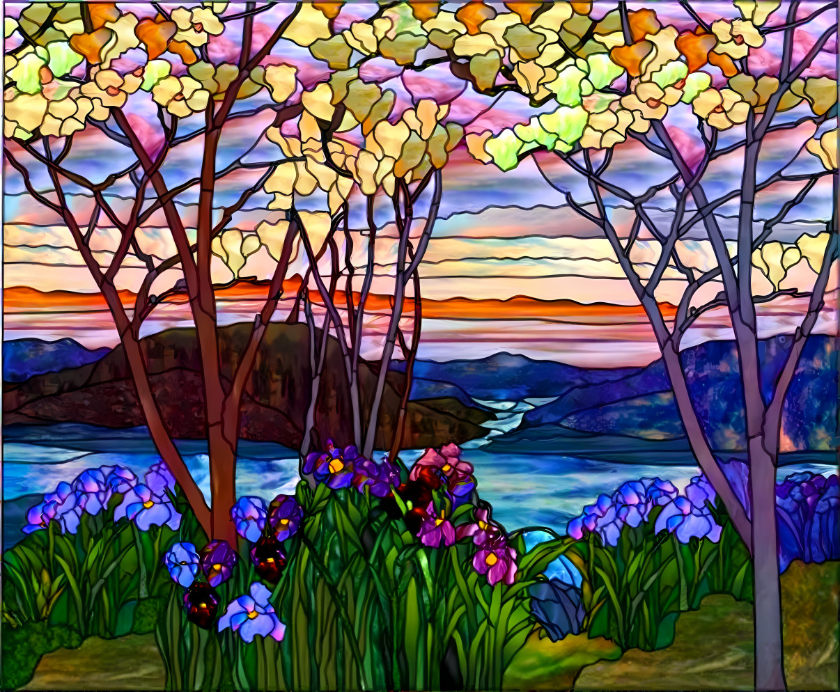 Irises overlooking the bay at sunset