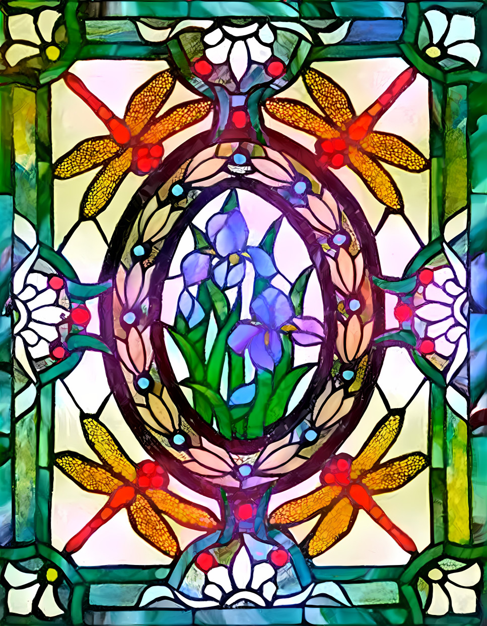 Stained glass irises with dragonflies
