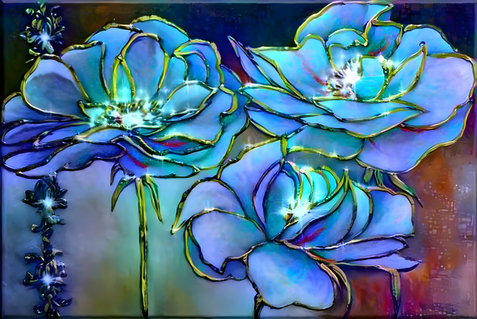 Blue green purple stained glass flowers