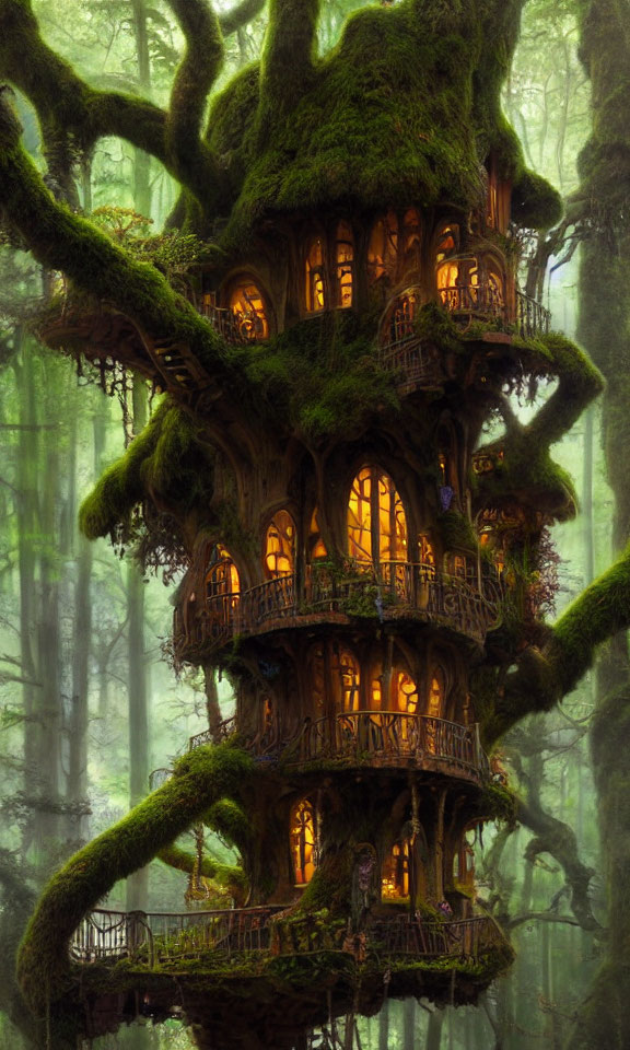 Enchanting treehouse with warm lights in moss-covered tree in misty forest
