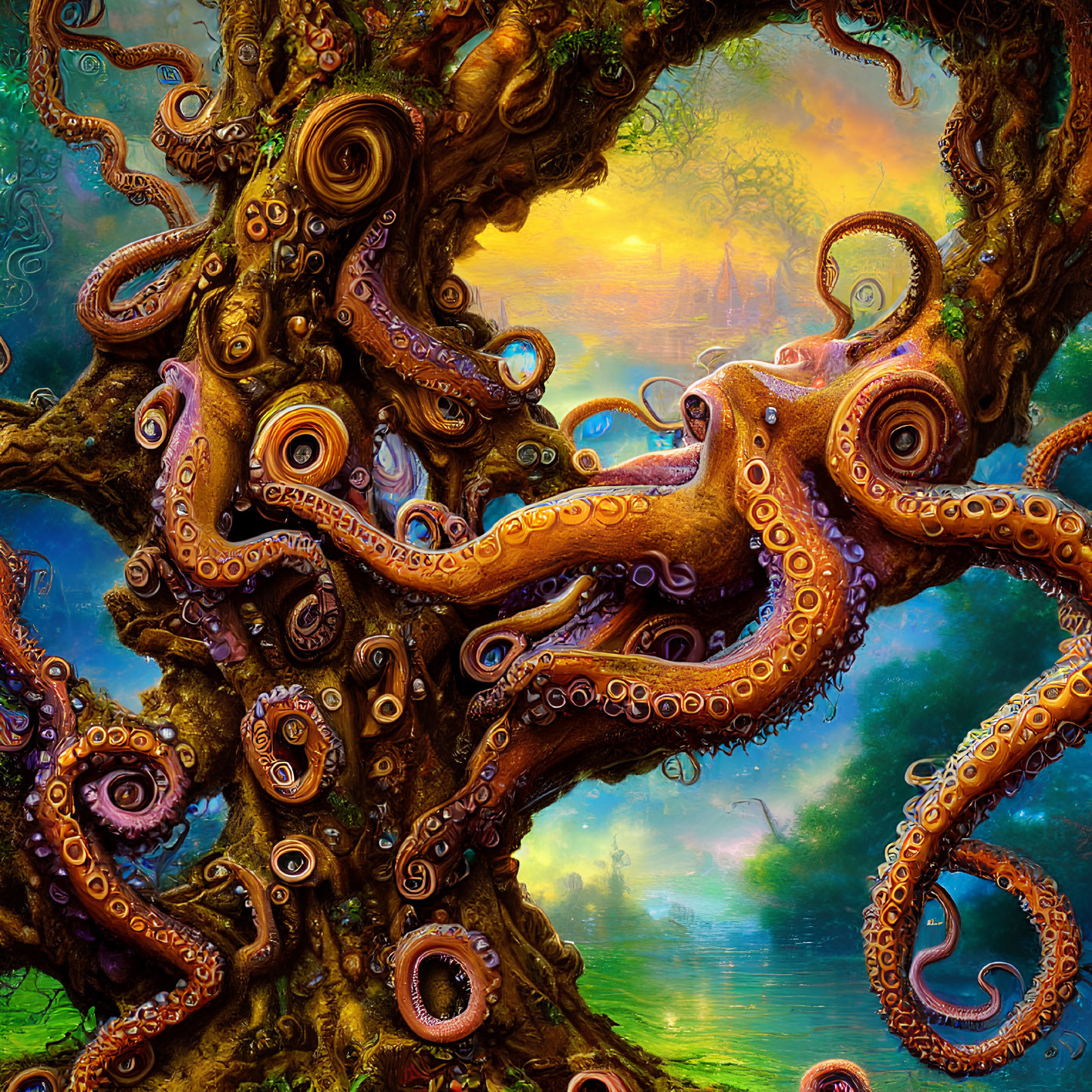 Vivid fantasy art: giant octopus and mystical tree in colorful forest
