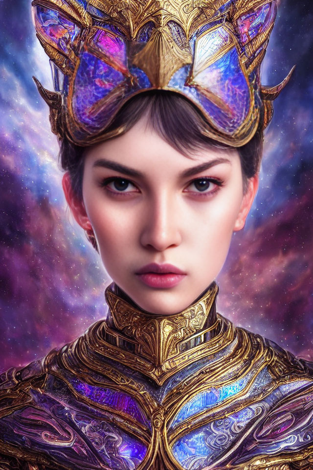 Regal portrait of a woman with cosmic background and golden crown.