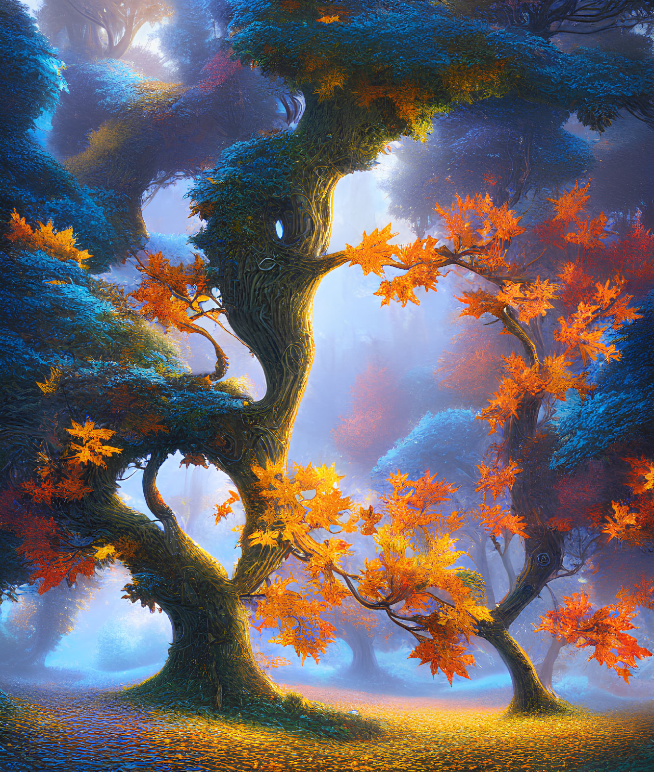 Mystical forest with twisted trees and vibrant orange leaves