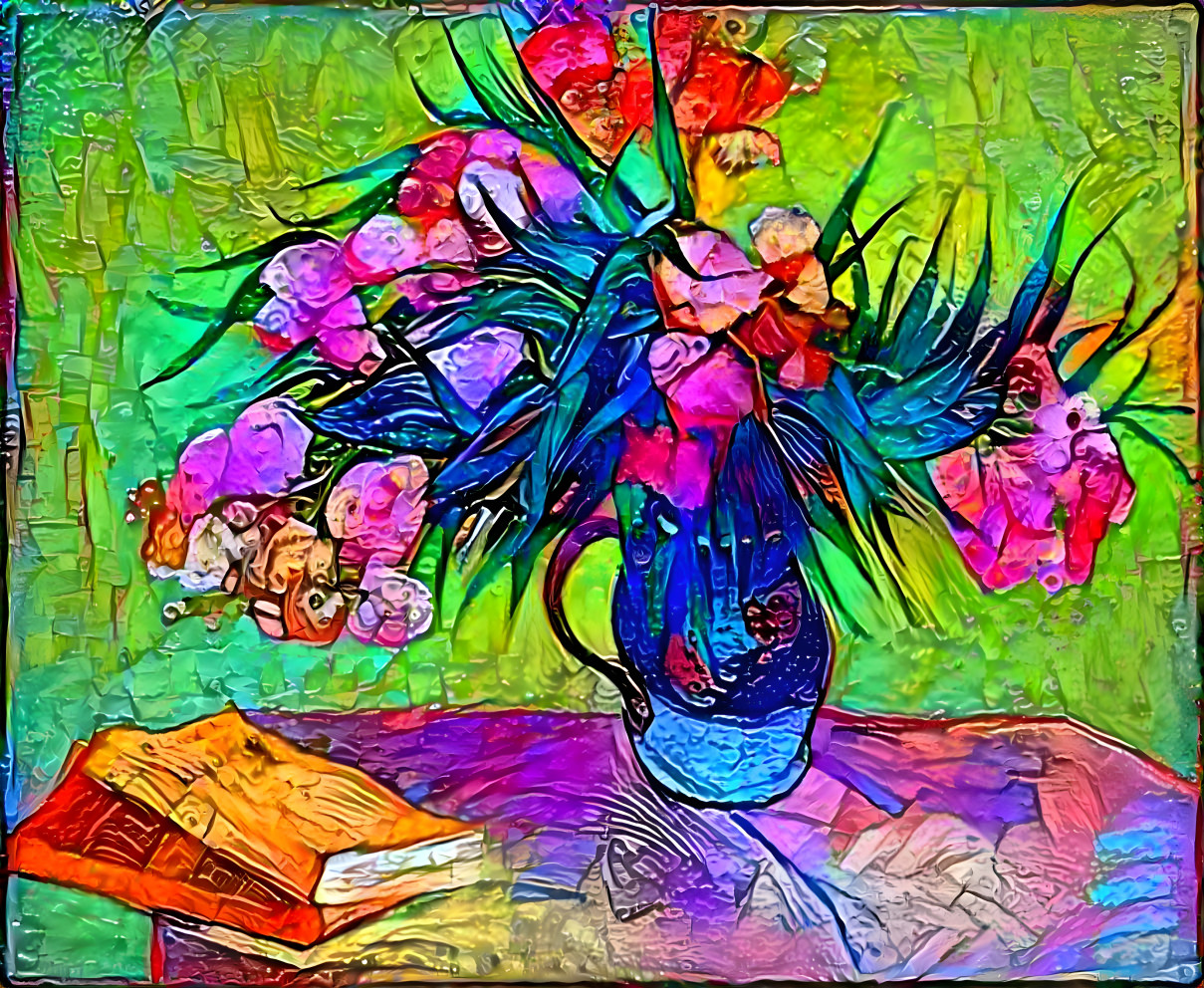 Vase of flowers on end table with books