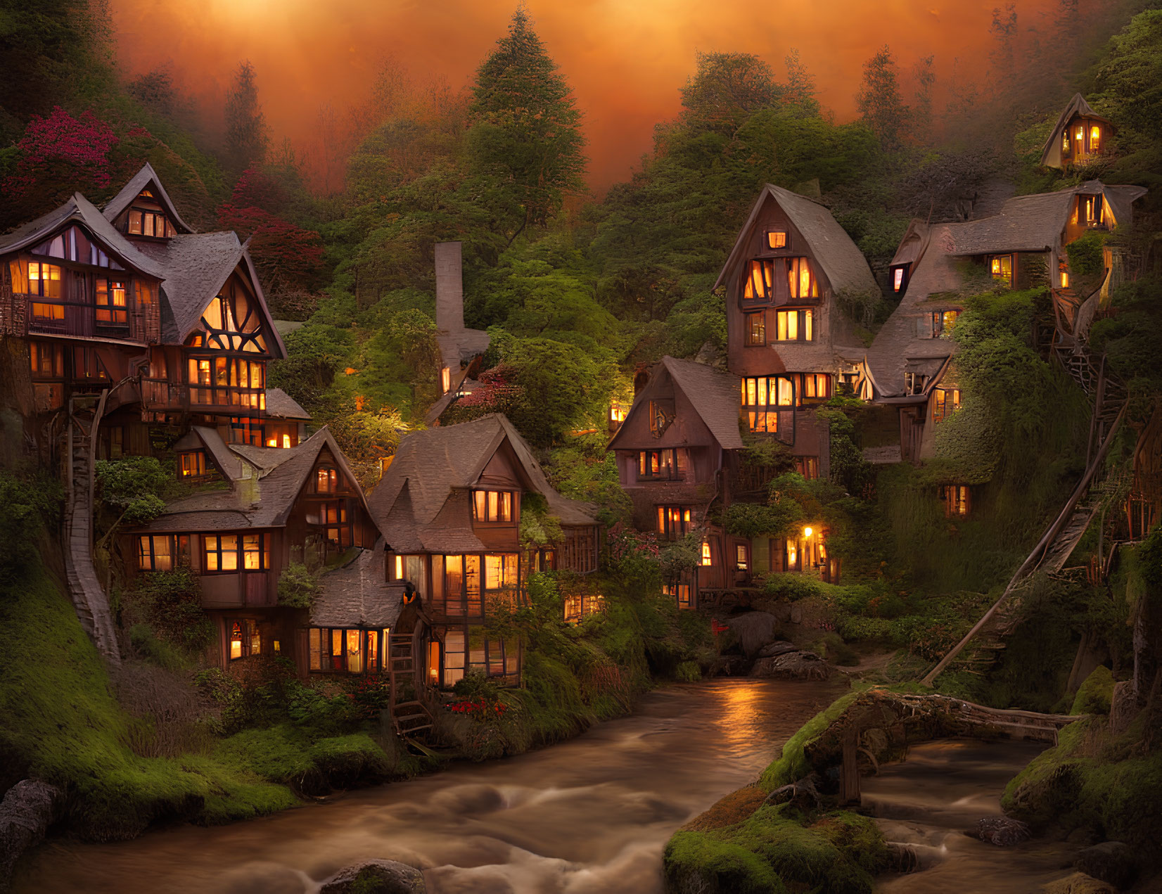 Enchanting village scene with cozy cottages by river at sunset