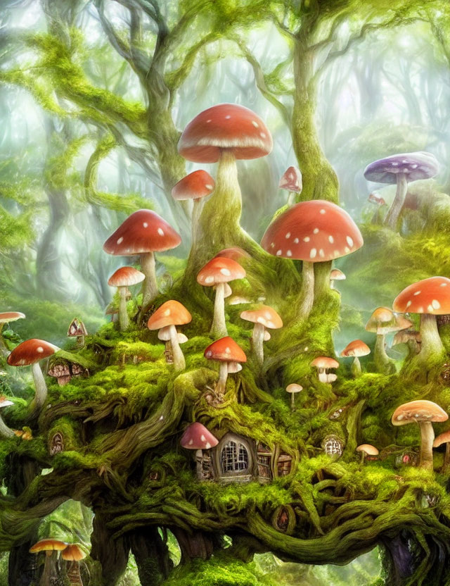 Vibrant red and purple mushrooms in enchanted forest scene