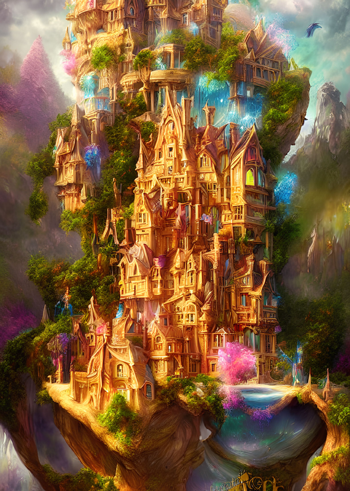 Towering tree with whimsical houses in lush greenery and mystical surroundings