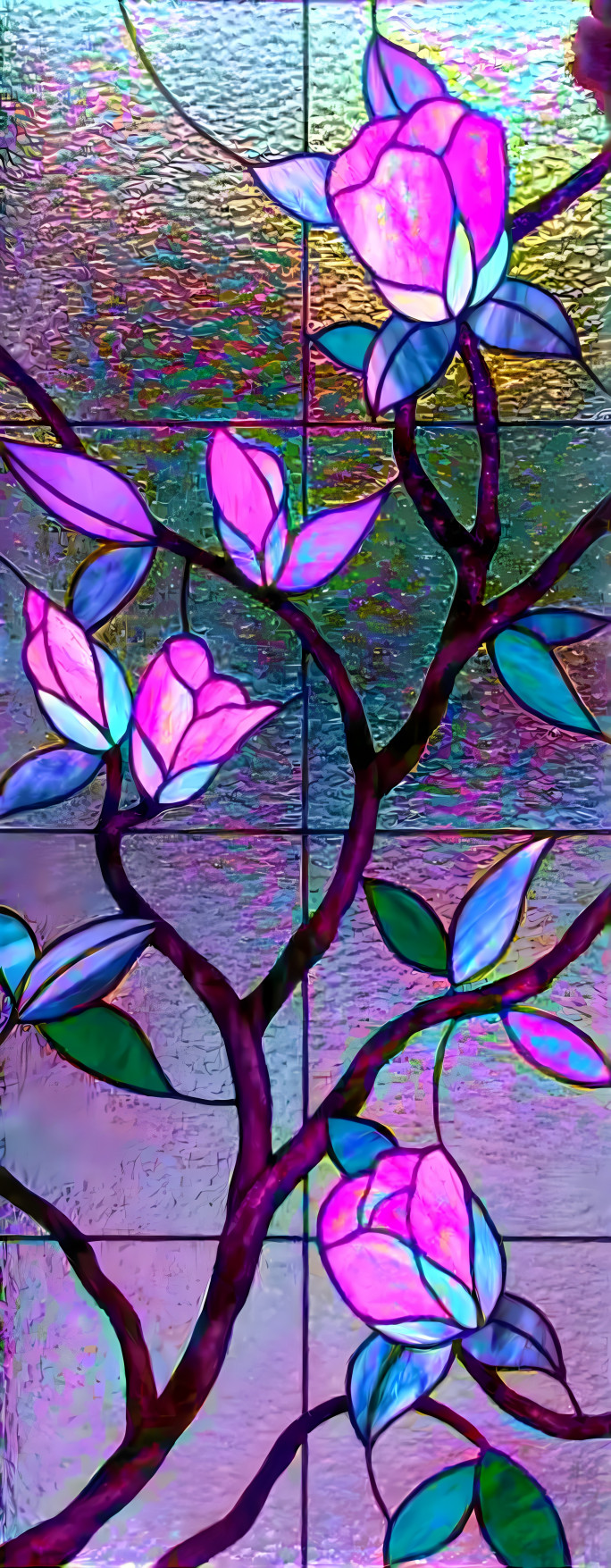Pink, blue, and gold stained glass