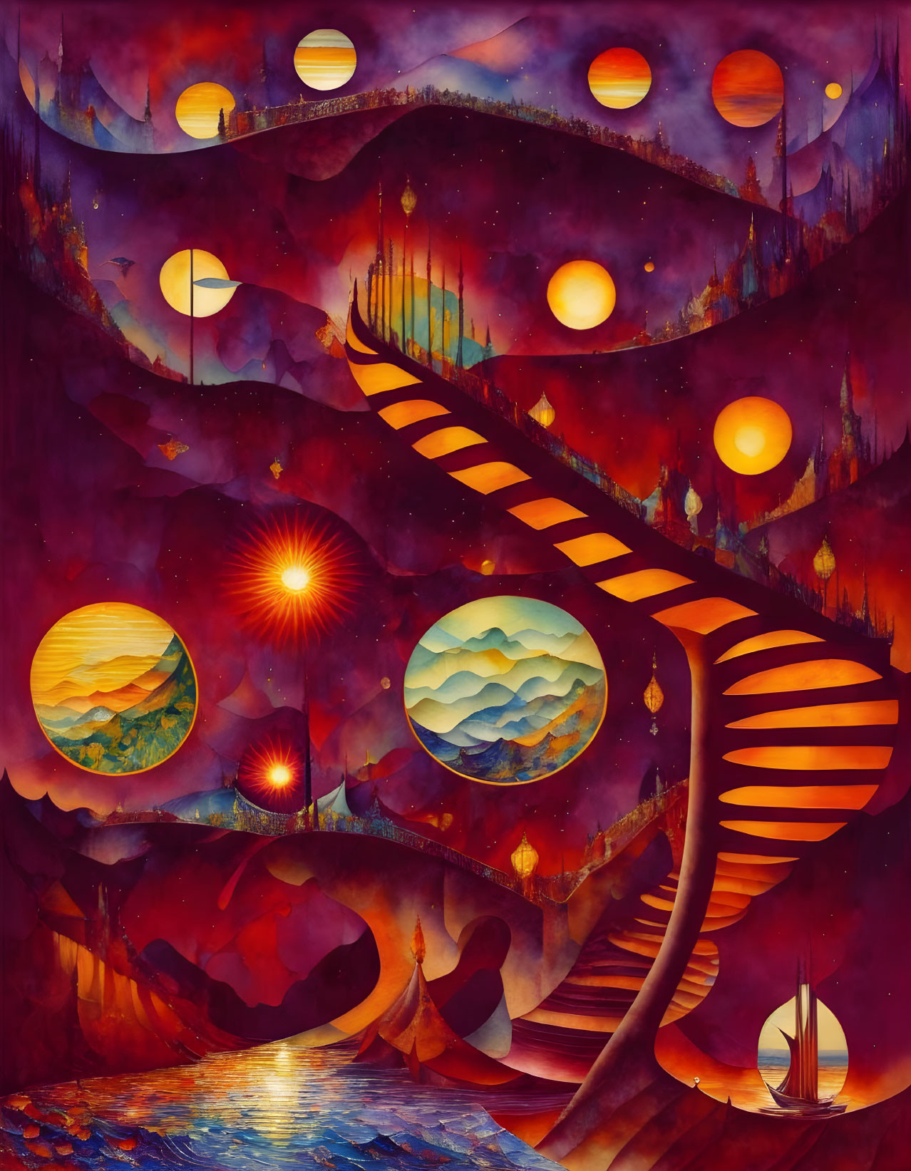 Surreal landscape with multiple suns, vibrant sky, winding staircase, gate, and boats in