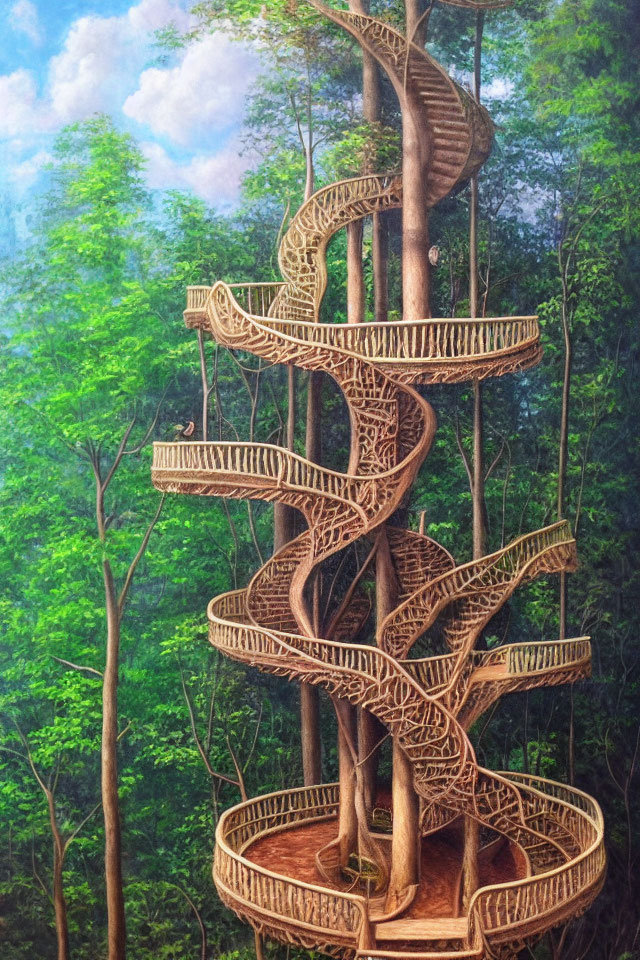 Spiraling wooden staircase around tree trunk in lush forest