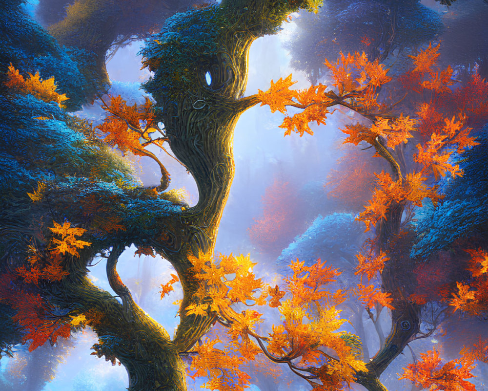 Mystical forest with twisted trees and vibrant orange leaves