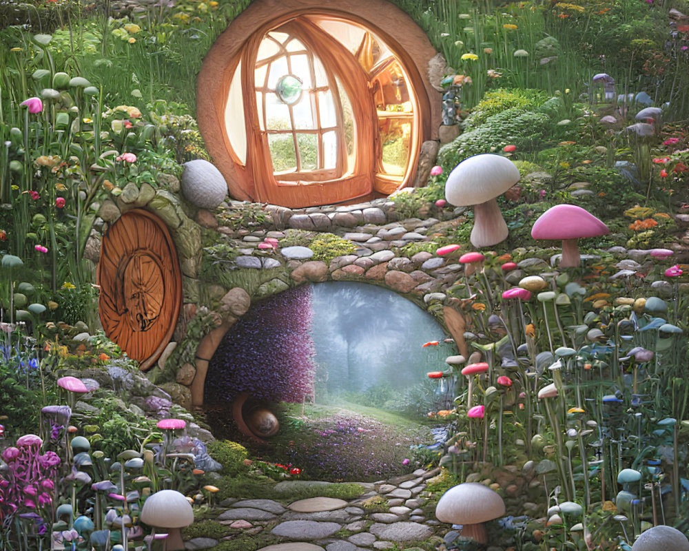 Enchanting fairy-tale cottage with round doors and magical garden
