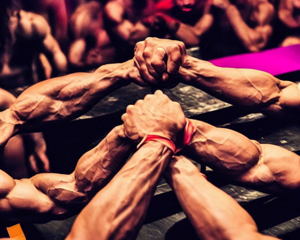 Competitors gripping hands in arm wrestling match with focused audience.