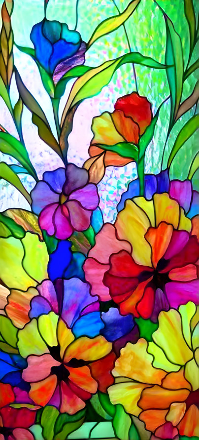 Stained Glass Flowers, with pink and green light