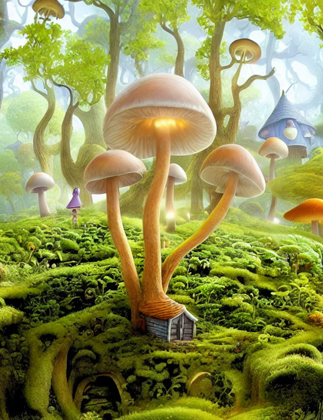 Enchanting forest with oversized mushrooms, twisted trees, cottage, and figure in purple cloak