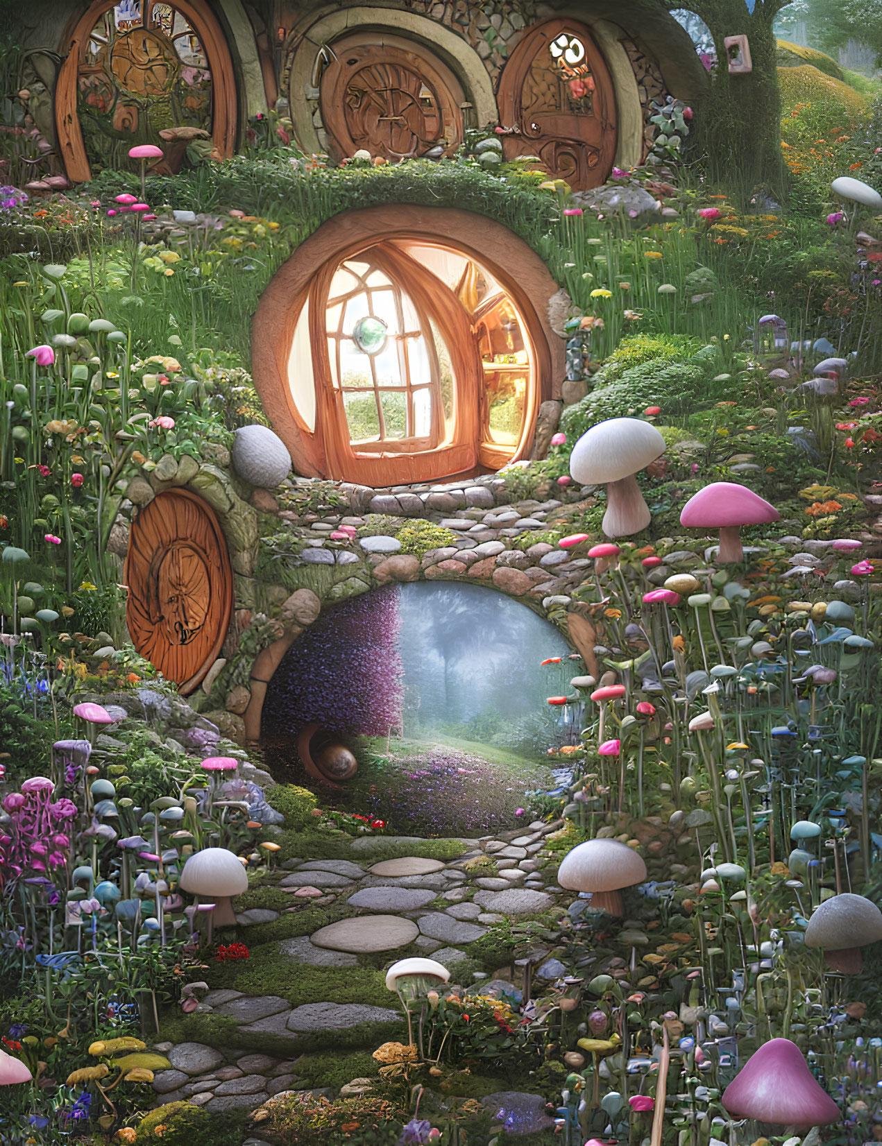 Enchanting fairy-tale cottage with round doors and magical garden