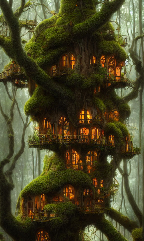Enchanting treehouse with glowing windows in moss-covered tree
