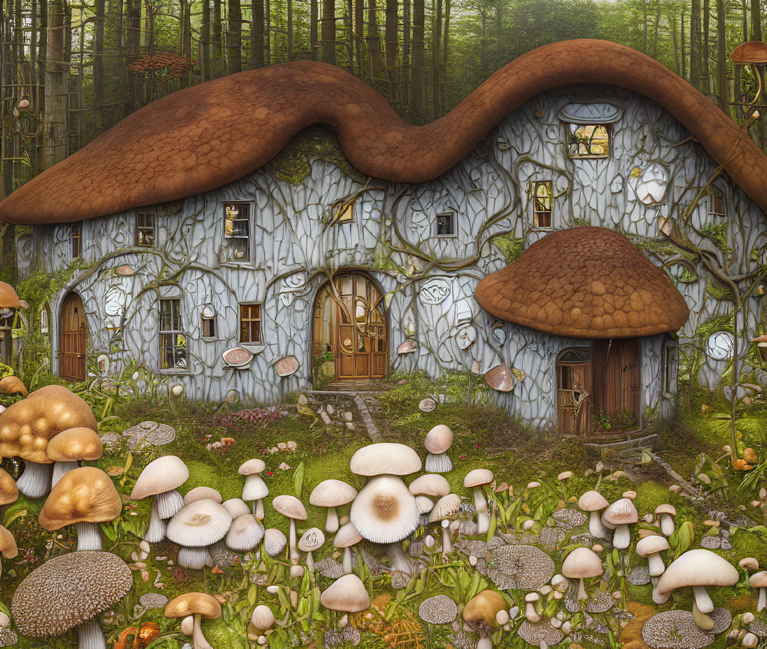 Whimsical Fantasy Mushroom House with Vine-Covered Walls