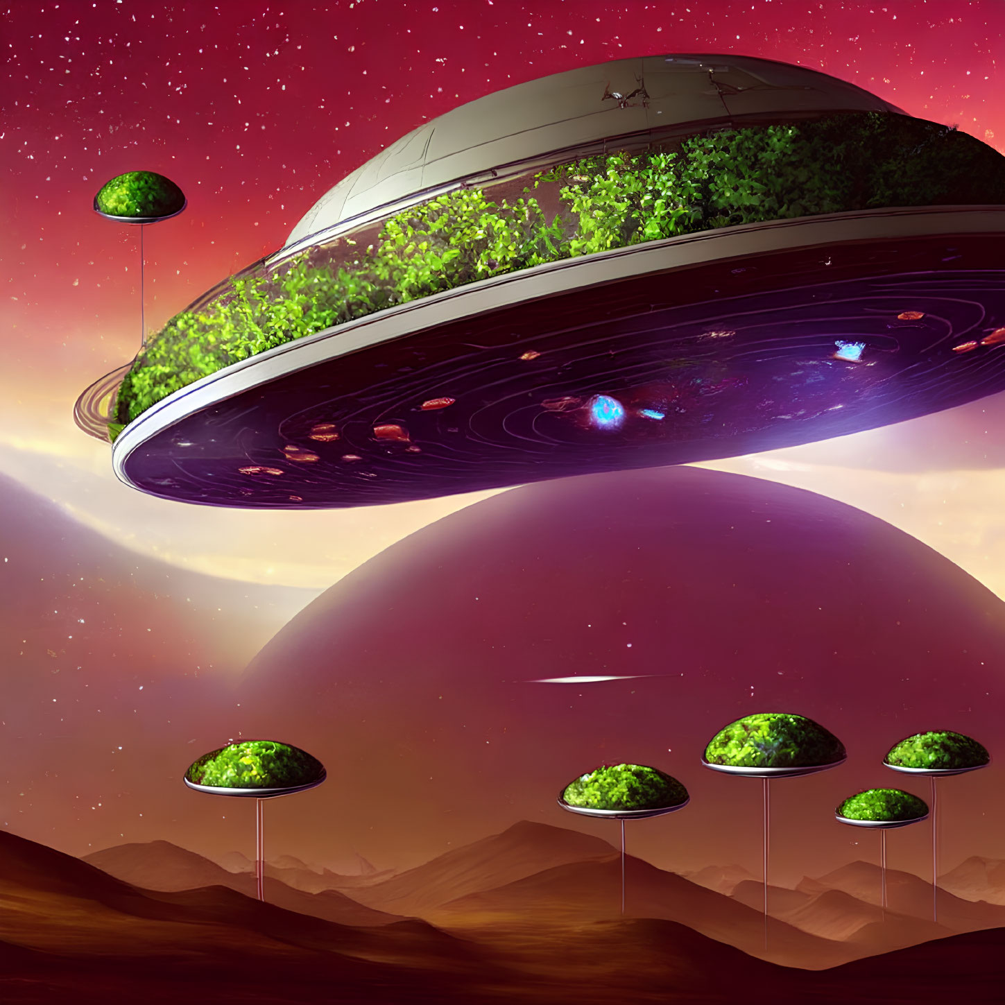 Large hovering UFOs with greenery above desert landscape under reddish sky and distant planet.