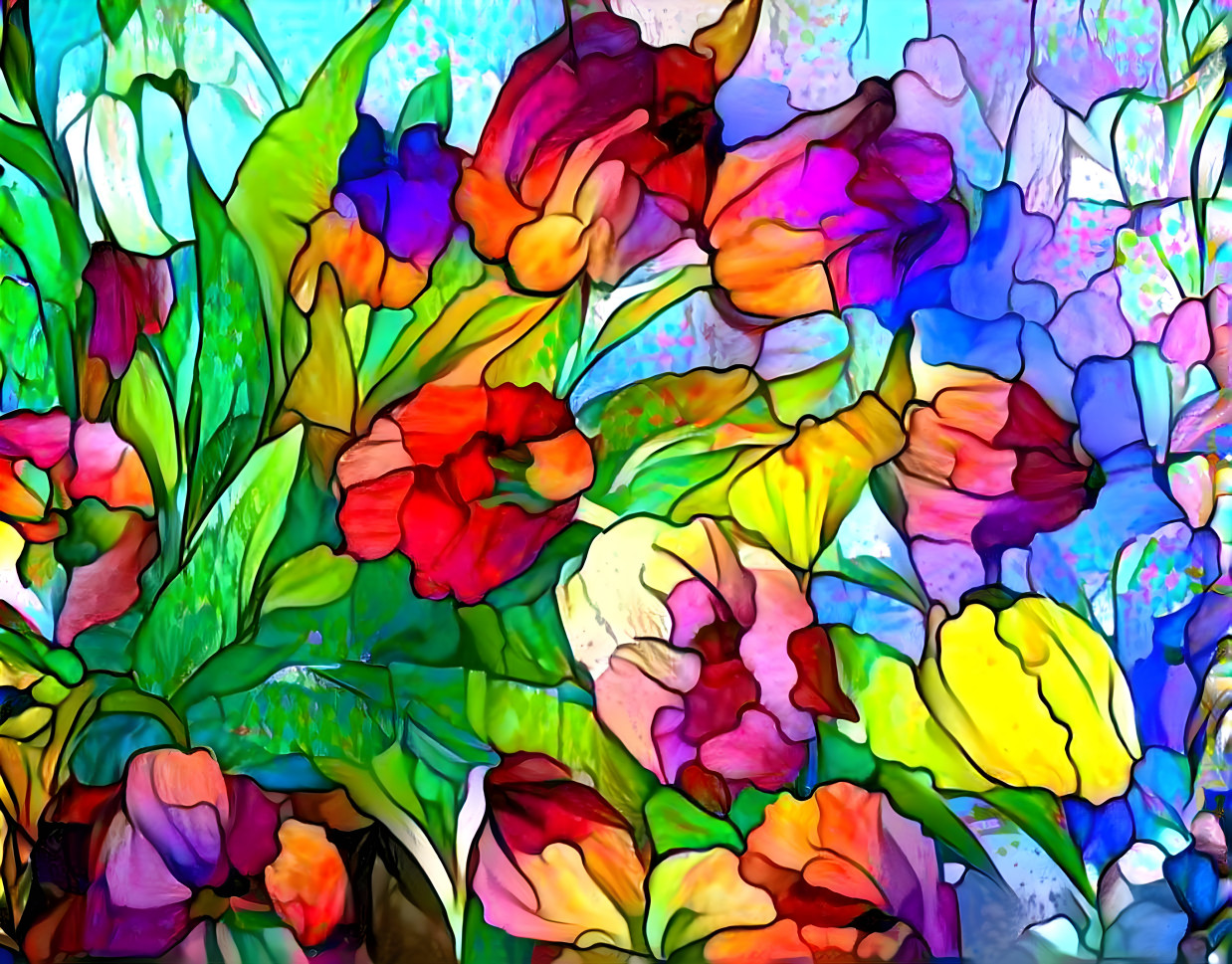 Bouquet of tulips, stained glass