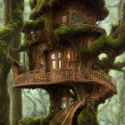 Mystical forest treehouse with multiple windows and balconies