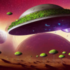 Large hovering UFOs with greenery above desert landscape under reddish sky and distant planet.