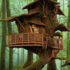 Elaborate Wooden Treehouse in Ancient Tree's Branches