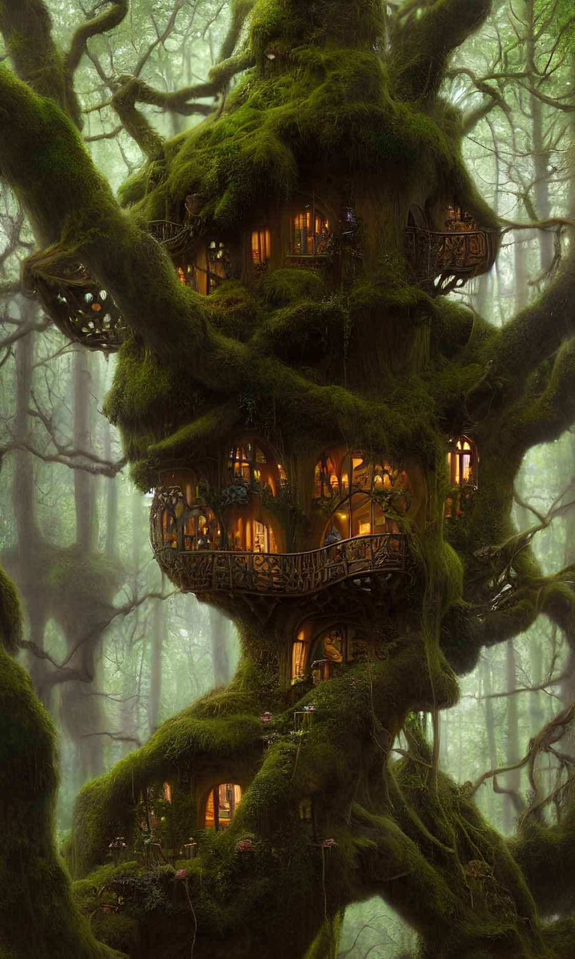 Moss-Covered Treehouse in Mystical Forest with Warm Glowing Lights