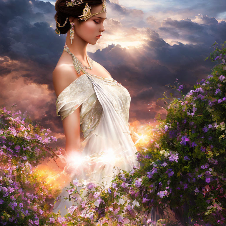 Woman in white toga with golden jewelry surrounded by purple flowers under dramatic sky