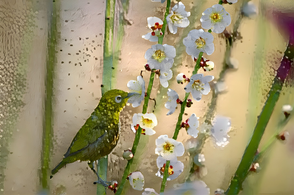 Green bird and cherry blossom
