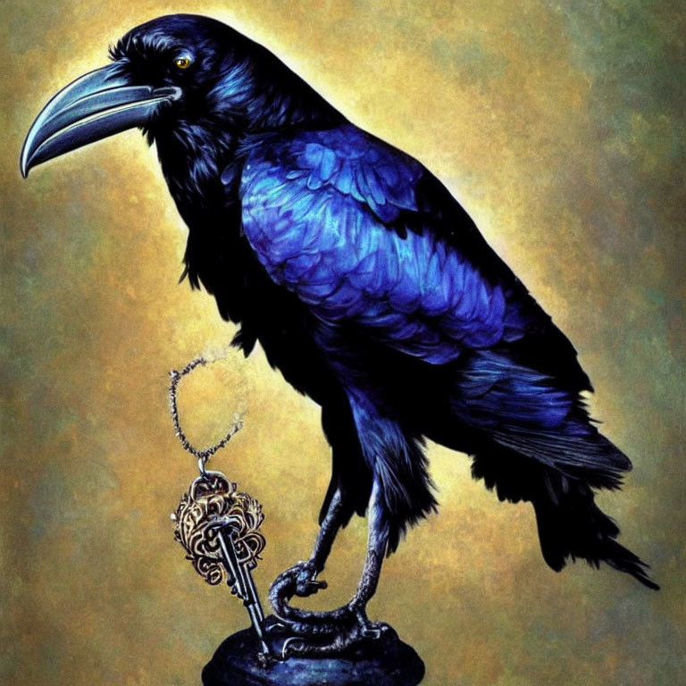 Detailed painting of black raven with iridescent blue feathers holding golden key on metal stand