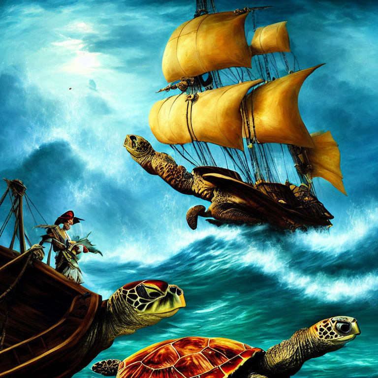 Fantastical scene: Flying sea turtles, pirate on boat, ship in clouds