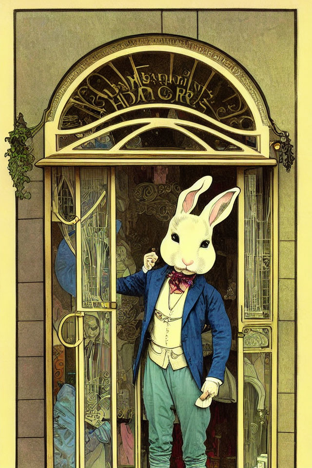 Anthropomorphic rabbit in blue coat at Art Nouveau shopfront