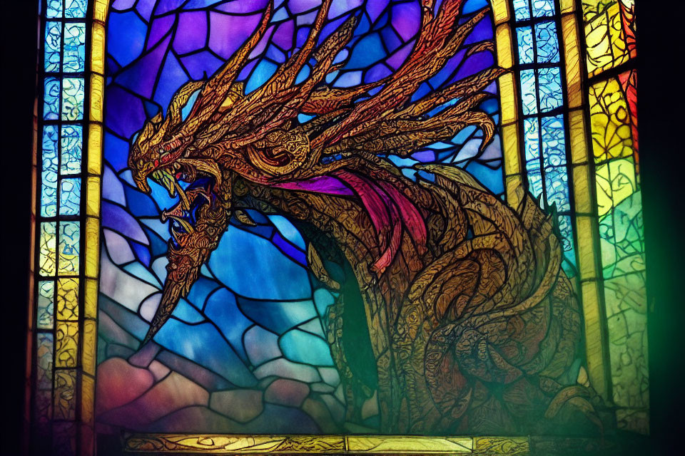 Dragon-themed stained glass window with intricate designs in deep blues and purples