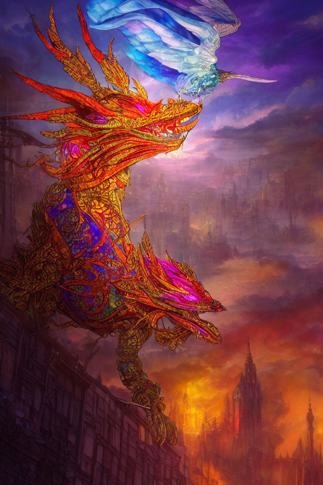 Colorful dragon soaring over Gothic cityscape at sunset with castle
