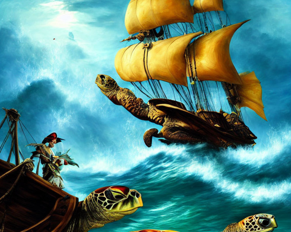 Fantastical scene: Flying sea turtles, pirate on boat, ship in clouds