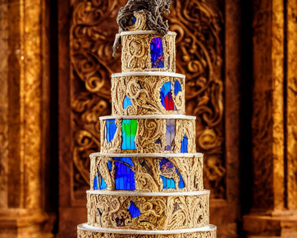 Luxurious five-tiered cake with gold designs and lion topper on wooden backdrop