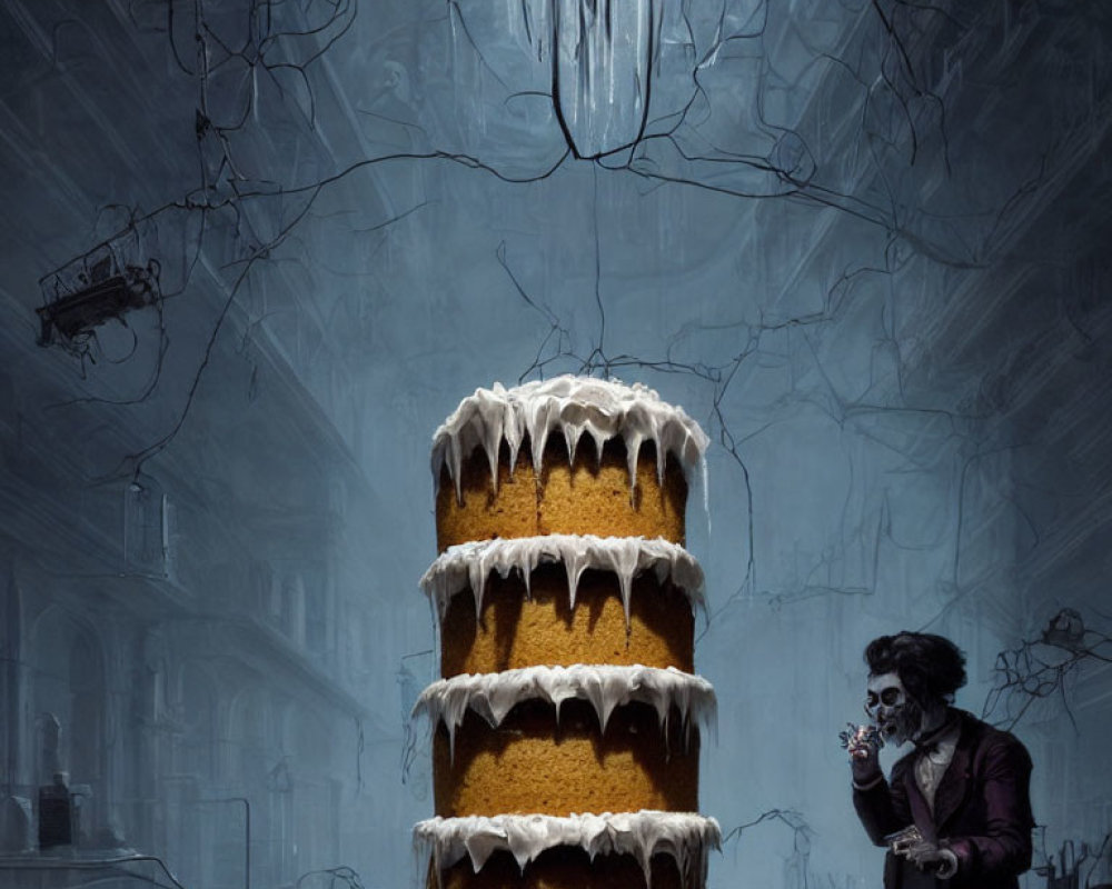 Creepy clown eating cake in eerie, rundown setting