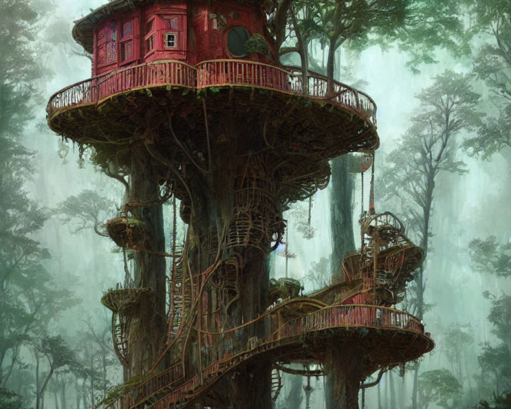 Fantastical red-walled treehouse in foggy forest