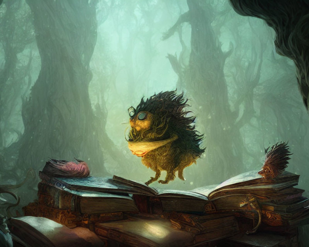 Whimsical creature with glasses reading in misty forest setting