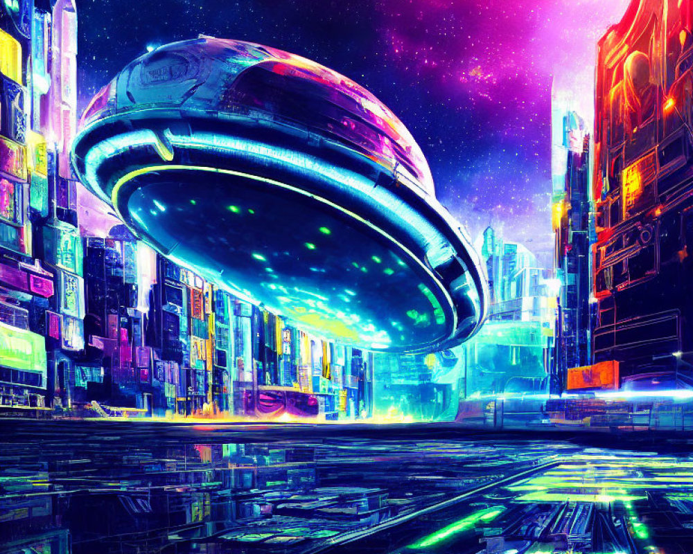 Futuristic cityscape at night with neon lights and spaceship