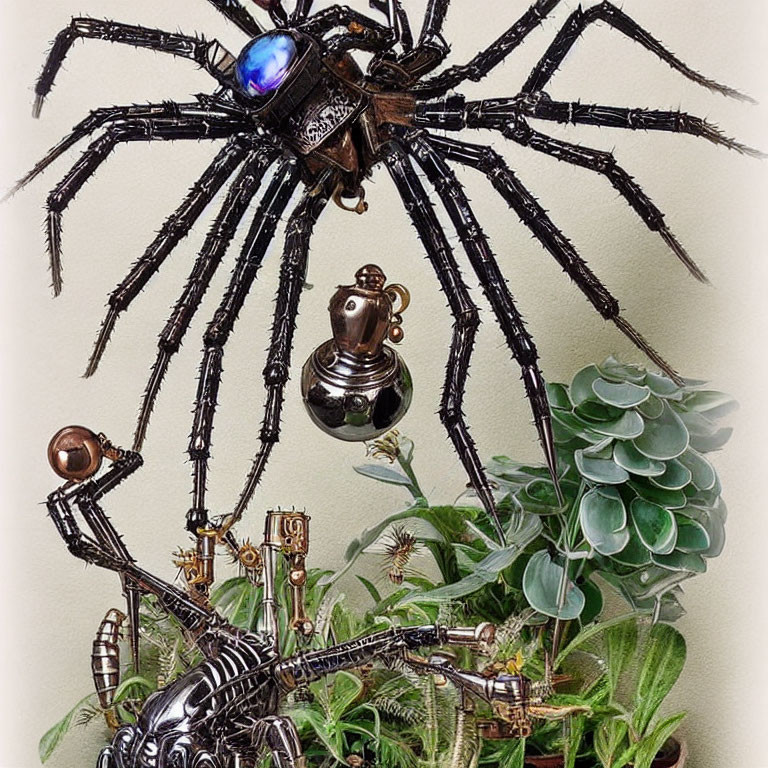 Steampunk-inspired metal spider sculpture with gears, against green plants on light wall.
