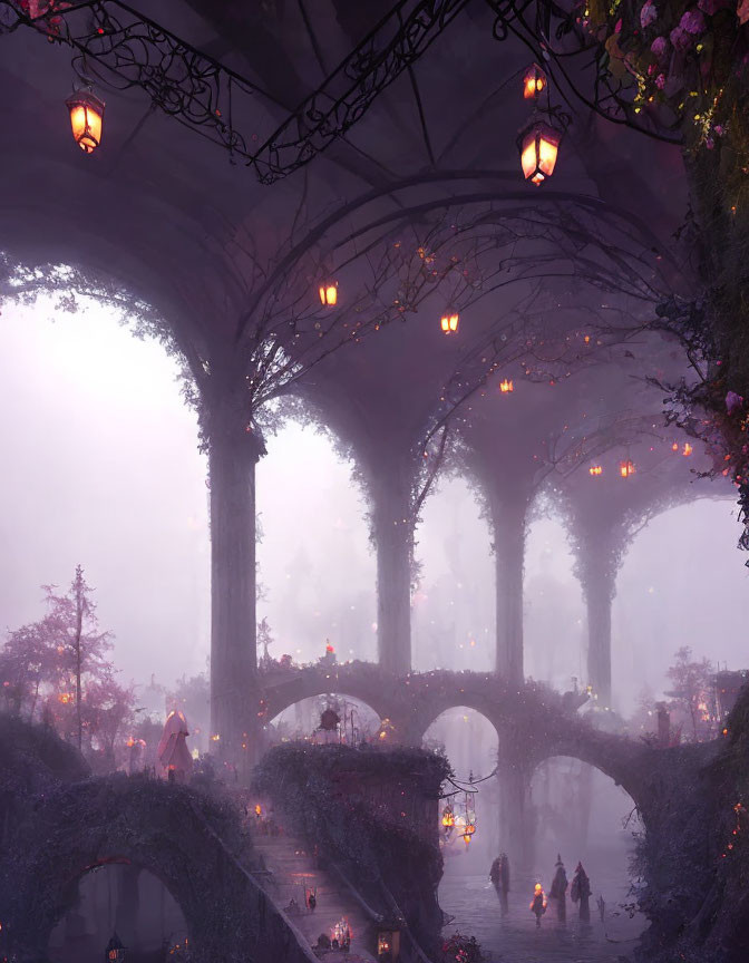 Ethereal fantasy landscape with tree-like structures and hanging lanterns